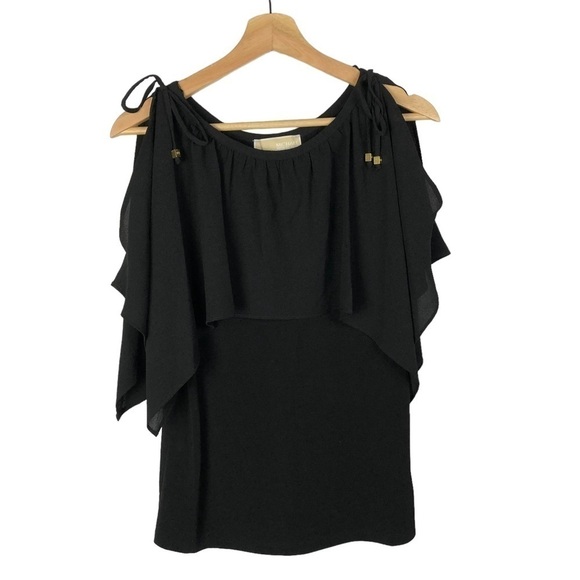 Michael Michael Kors Black Layered Cold Shoulder Short Sleeve Blouse S - Picture 1 of 4